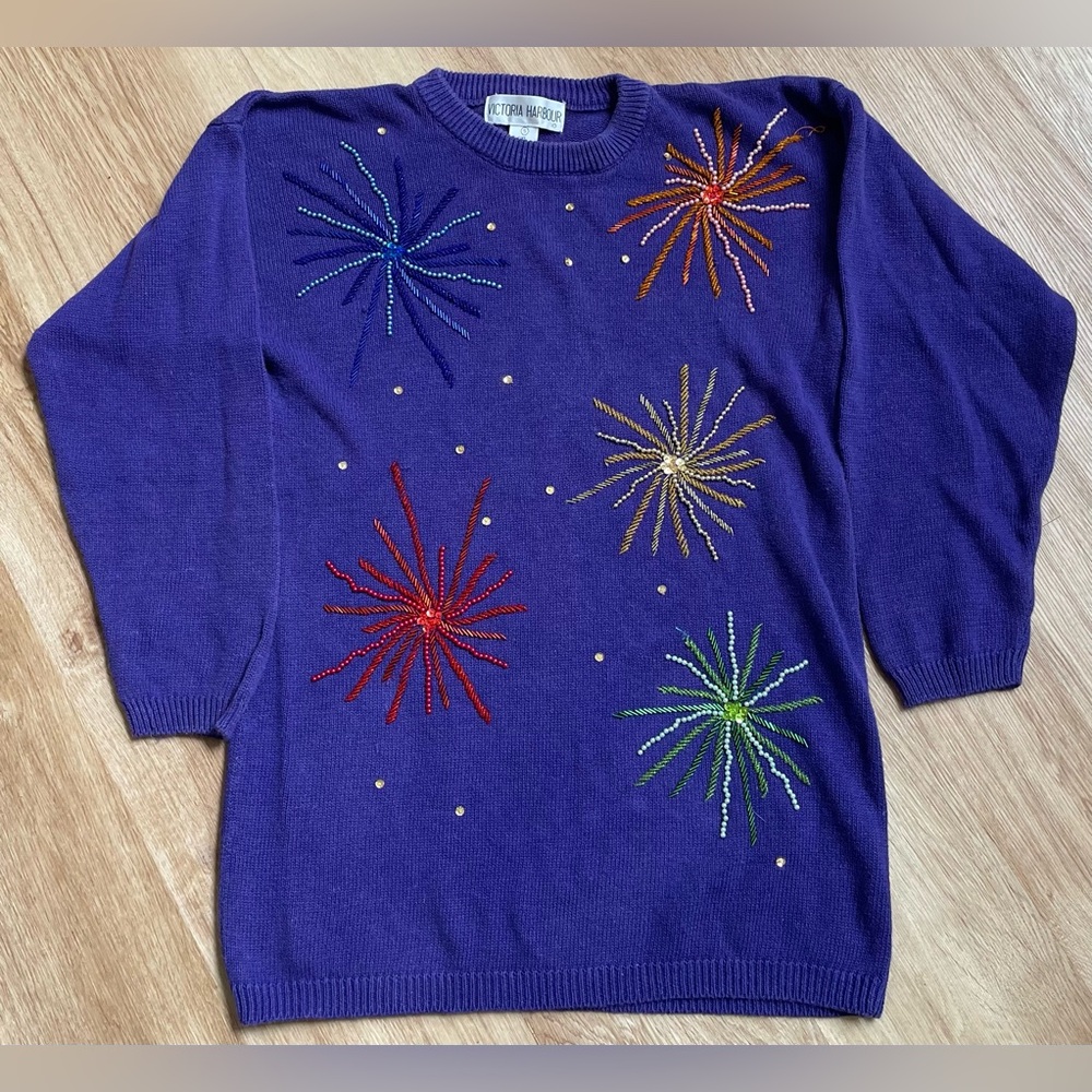 Vintage beaded sweater Victoria Harbour purple colorful fireworks crewneck small